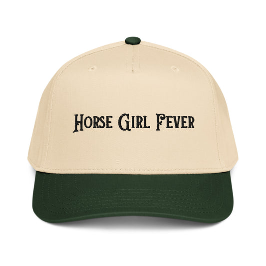 Horse Girl Fever embroidered text on a tan and black 5-panel cap