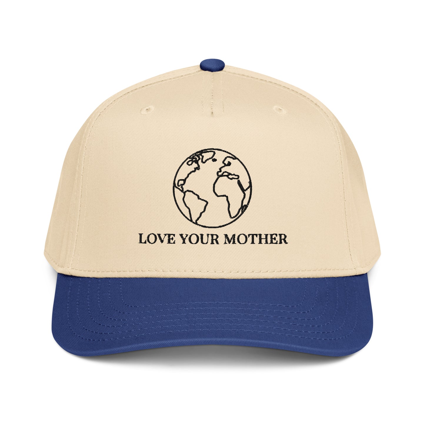 Love Your Mother globe embroidery on a tan and navy 5-panel cap