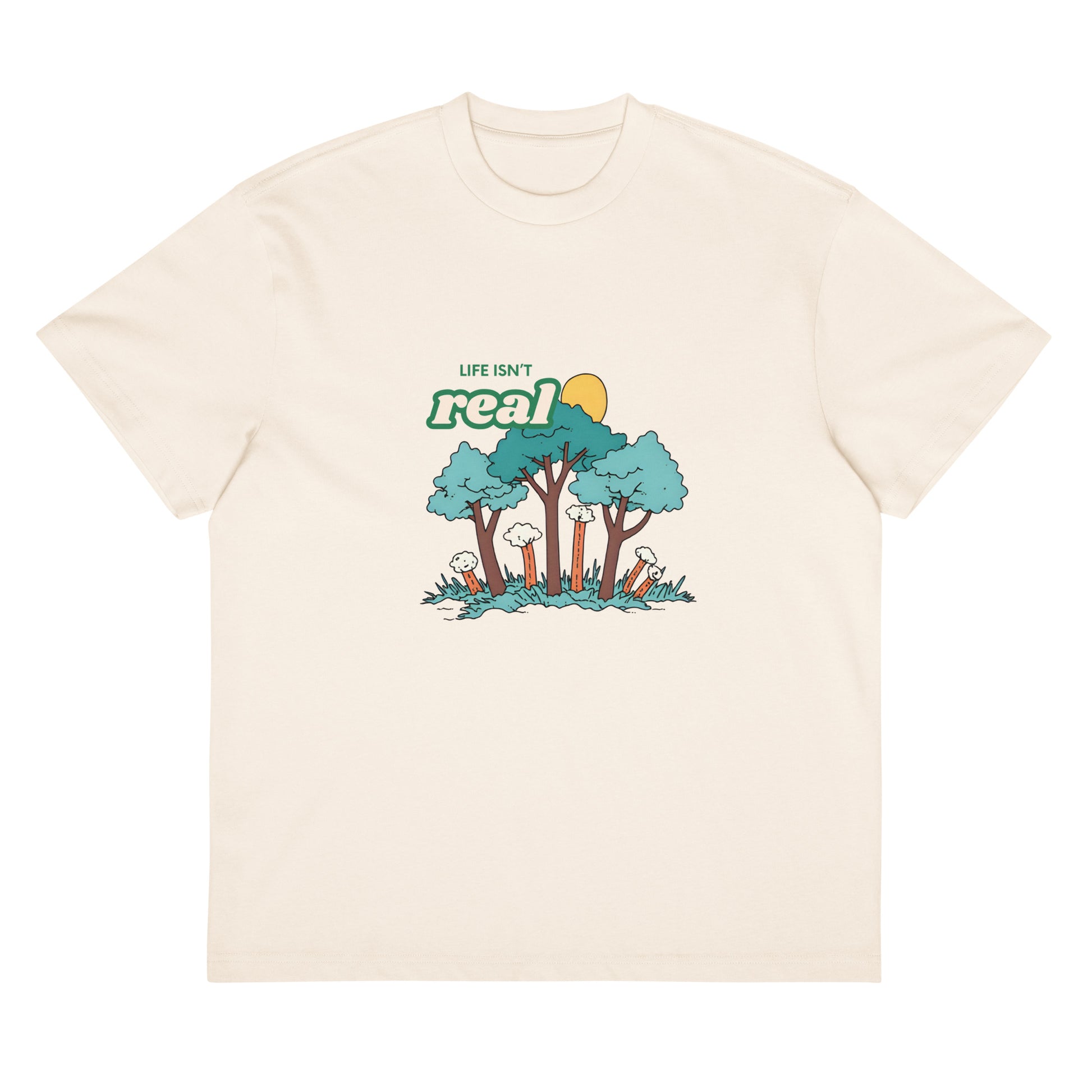Life Isn't Real graphic on an oversized men's box tee