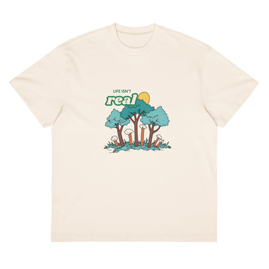 Life Isn't Real graphic on an oversized men's box tee