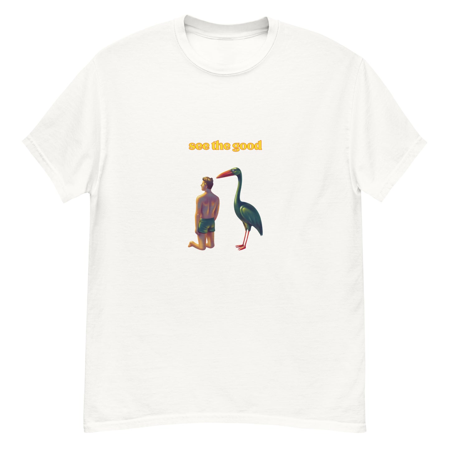 See The Good heron graphic on a white unisex t-shirt