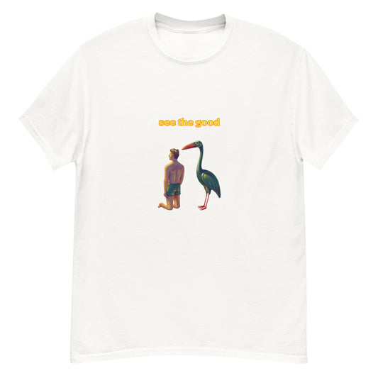See The Good heron graphic on a white unisex t-shirt