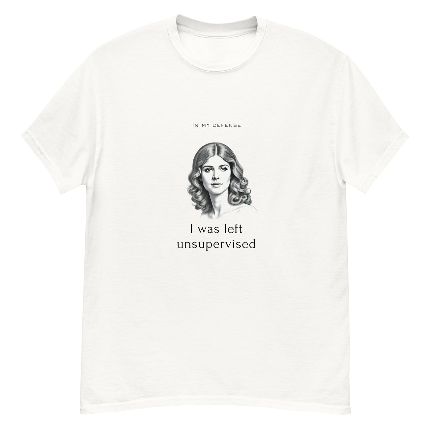 Left Unsupervised graphic on a white unisex t-shirt