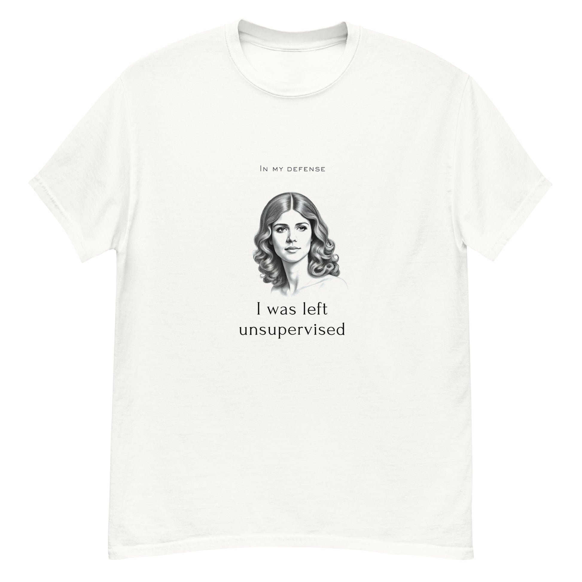 Left Unsupervised graphic on a white unisex t-shirt
