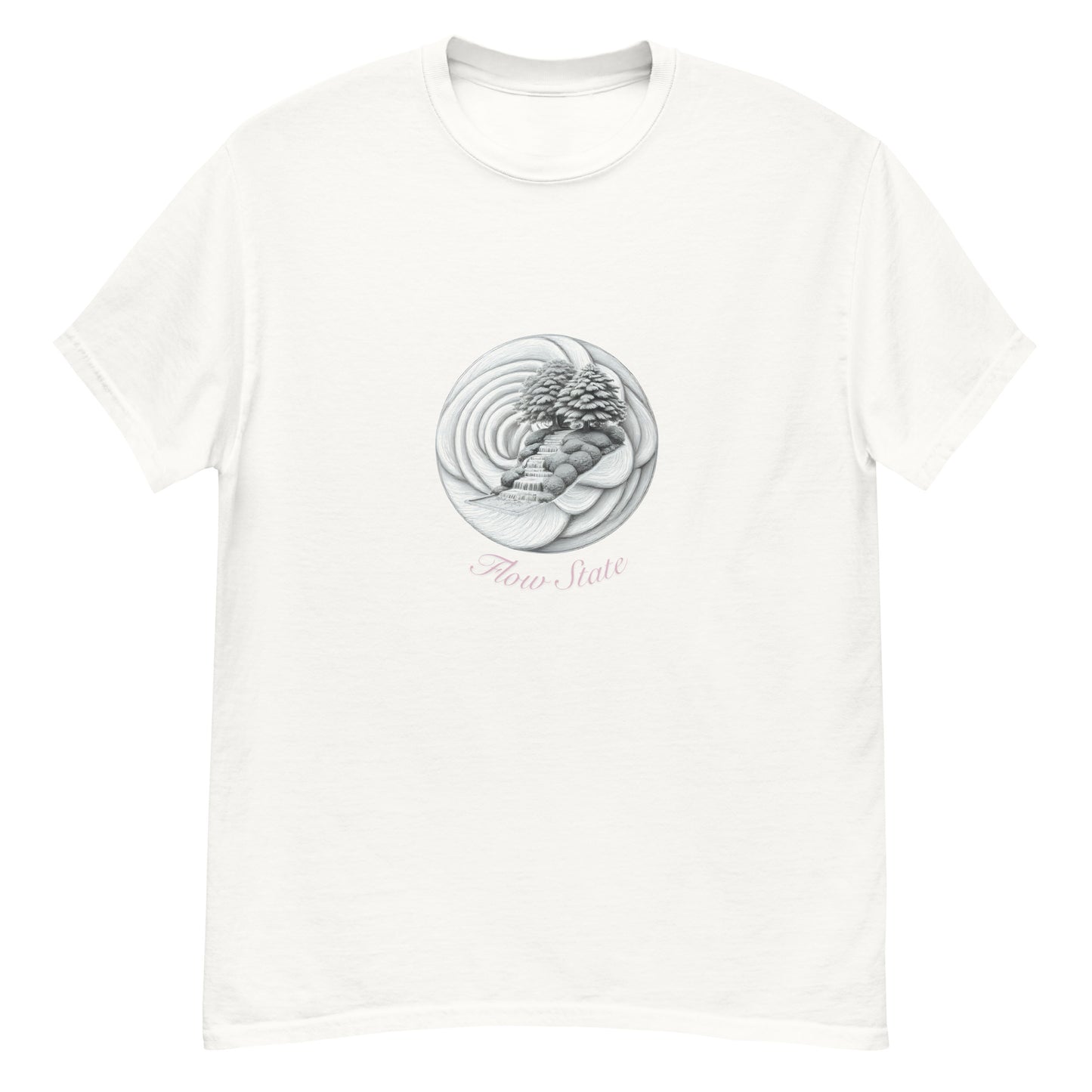 Flow State minimalist text graphic on a white unisex t-shirt