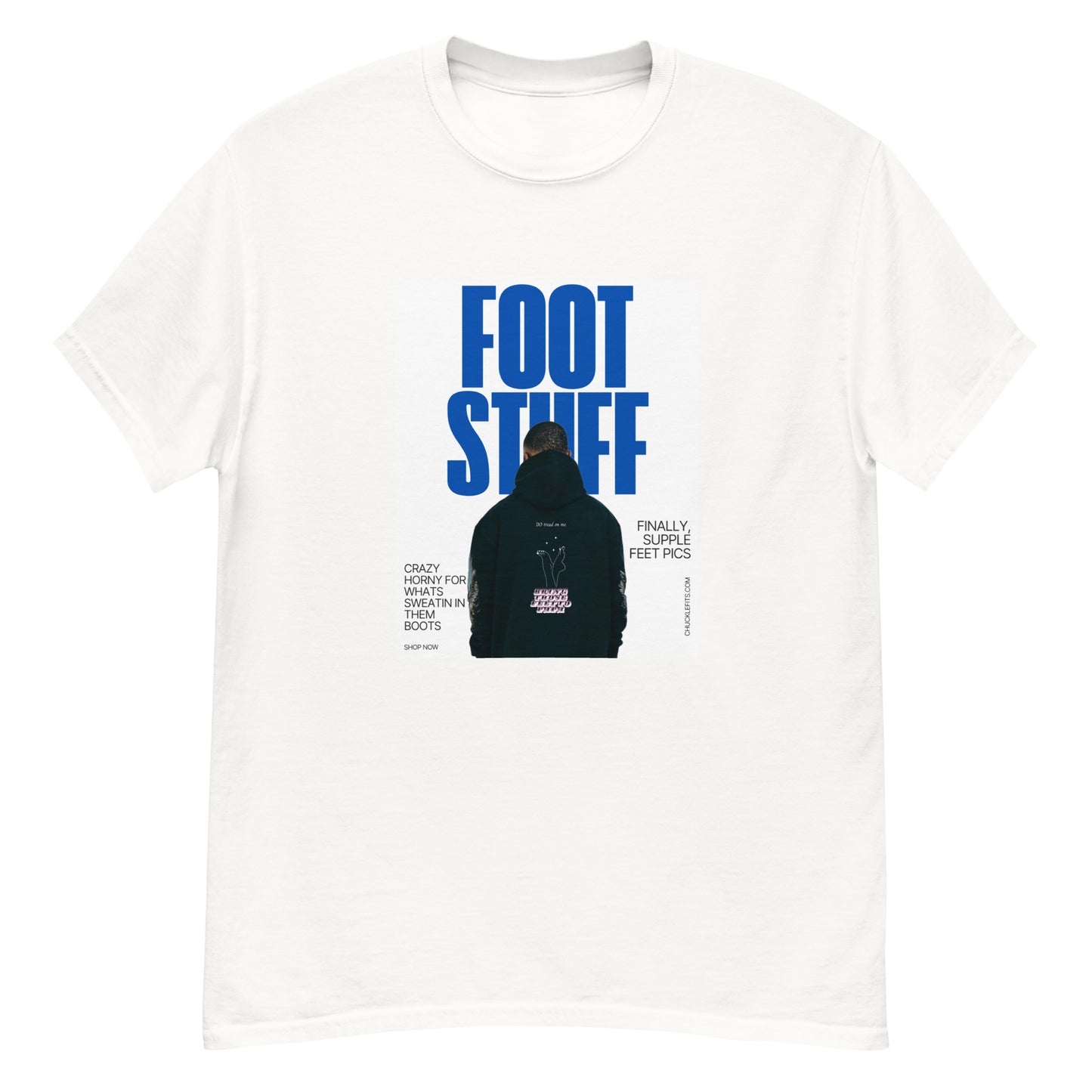 Bold FOOT STUFF text graphic on a white unisex t-shirt