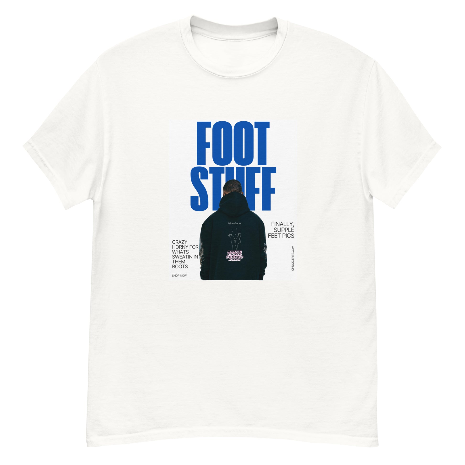 Bold FOOT STUFF text graphic on a white unisex t-shirt