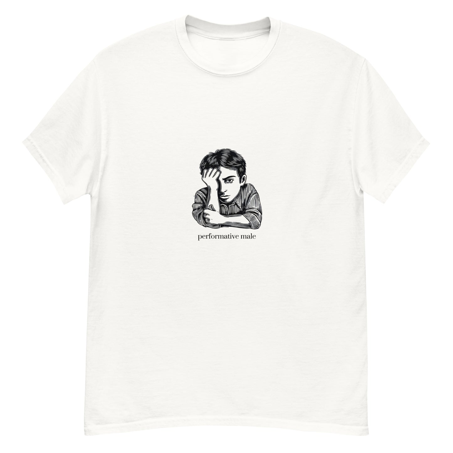 Performative Male graphic on a white unisex t-shirt