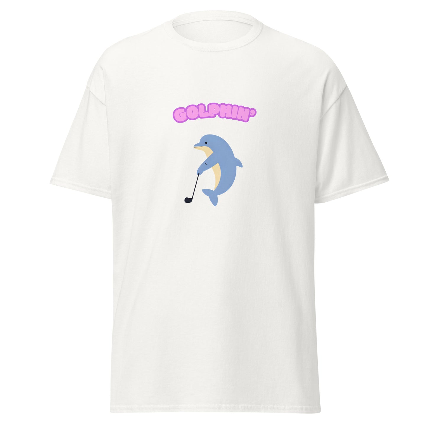 Golphin dolphin playing golf graphic on a cotton t-shirt