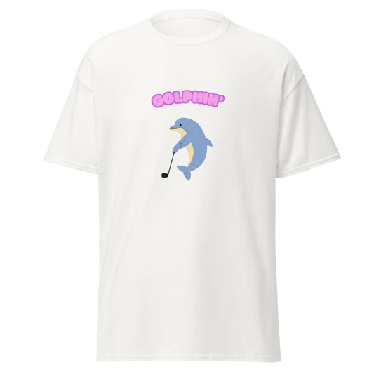 Golphin dolphin playing golf graphic on a cotton t-shirt