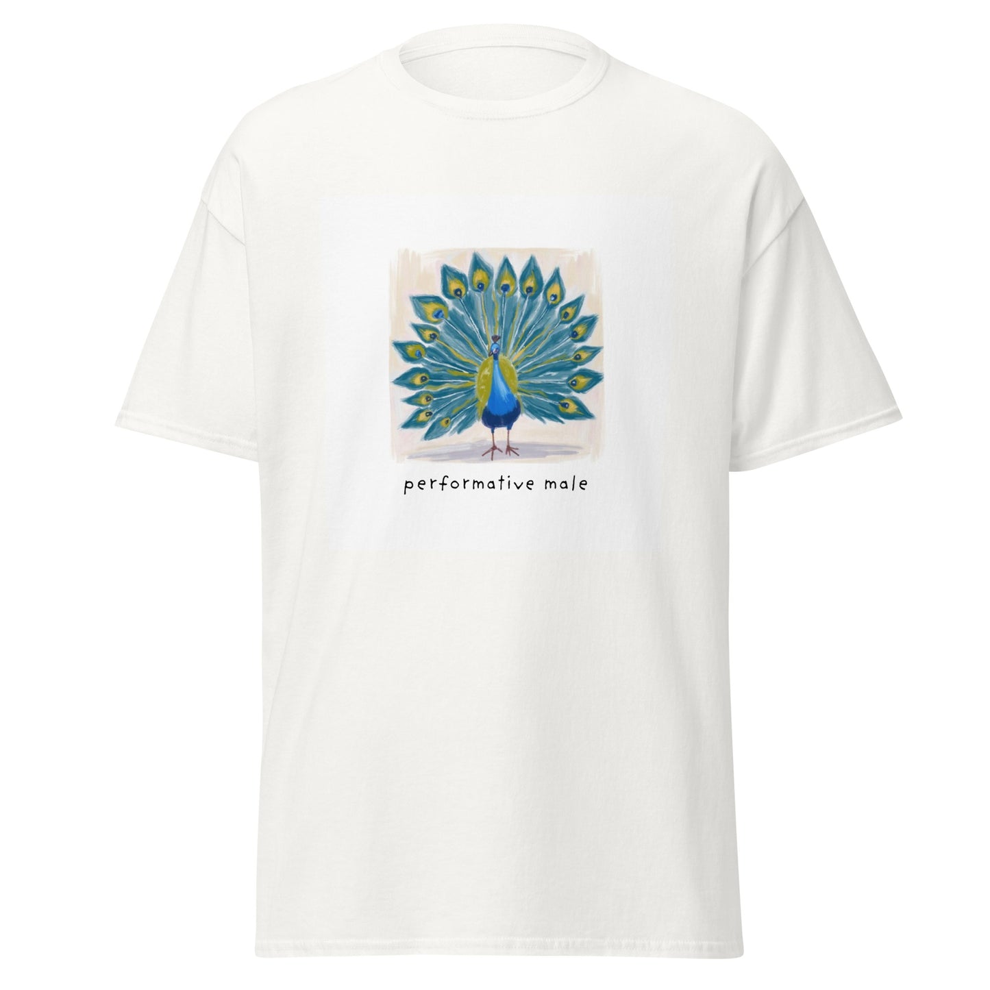 Performative Male peacock graphic on a white unisex t-shirt