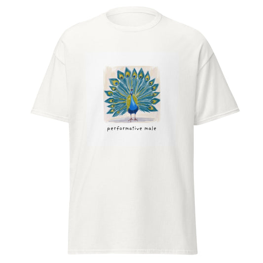 Performative Male peacock graphic on a white unisex t-shirt