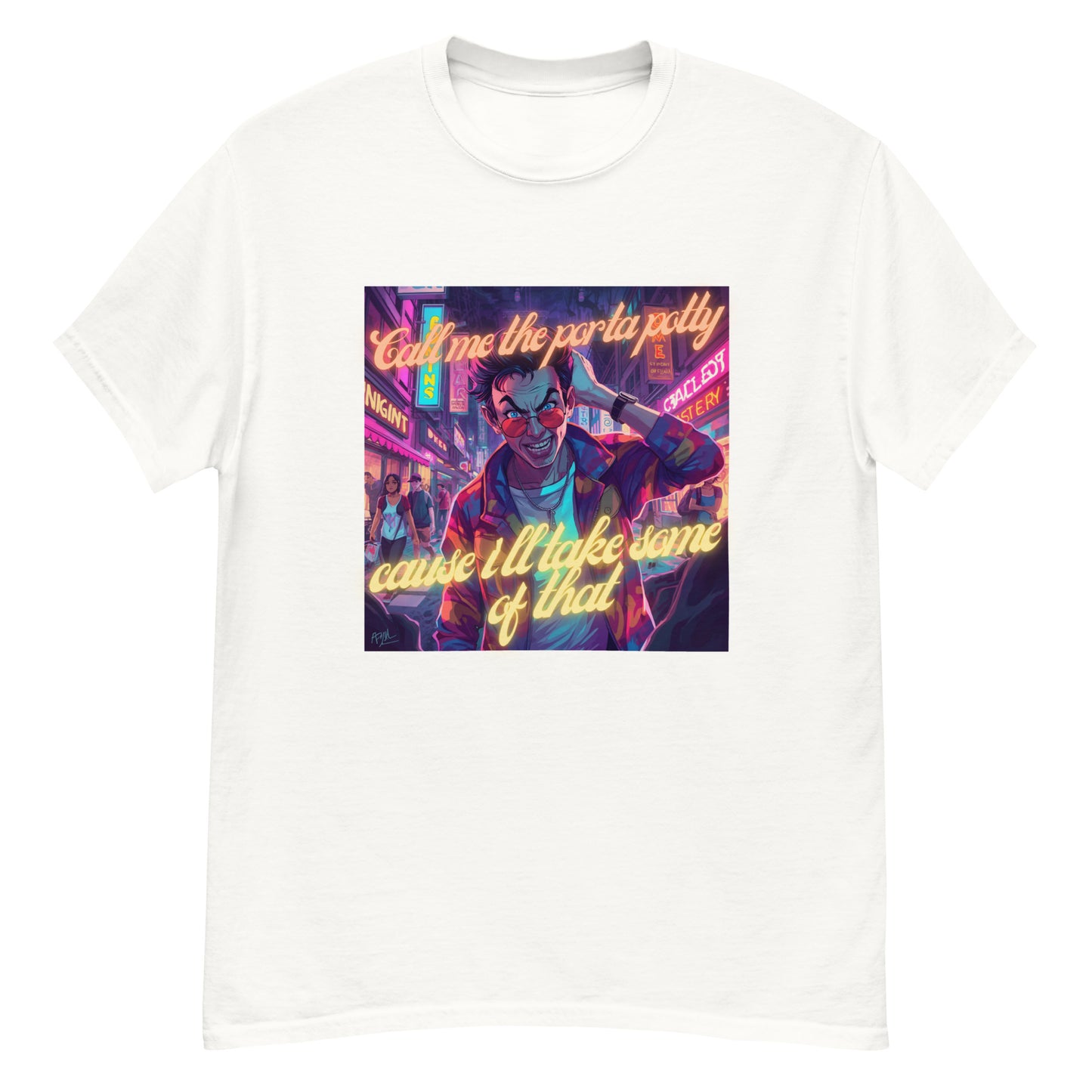 Call Me The Porta Potty text graphic on a cotton t-shirt