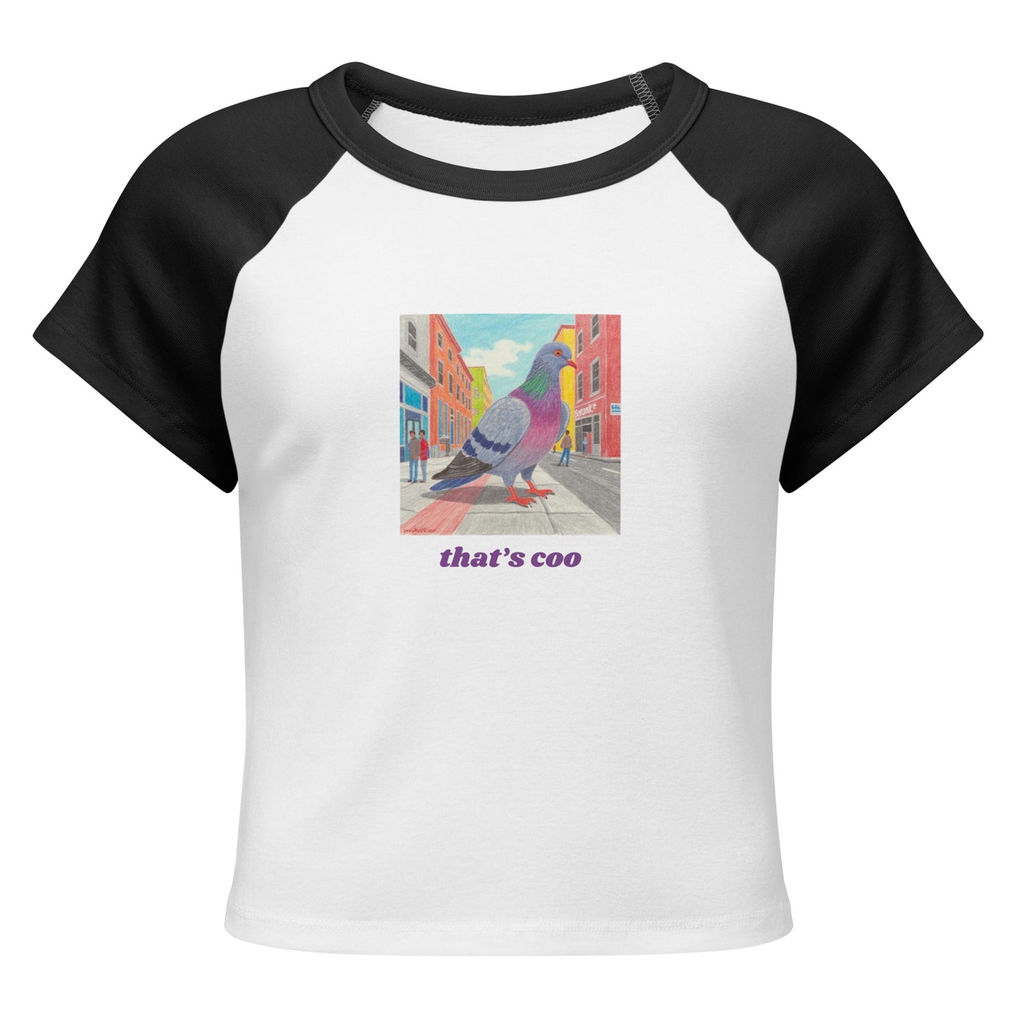 That's Coo pigeon graphic on a women's baby tee