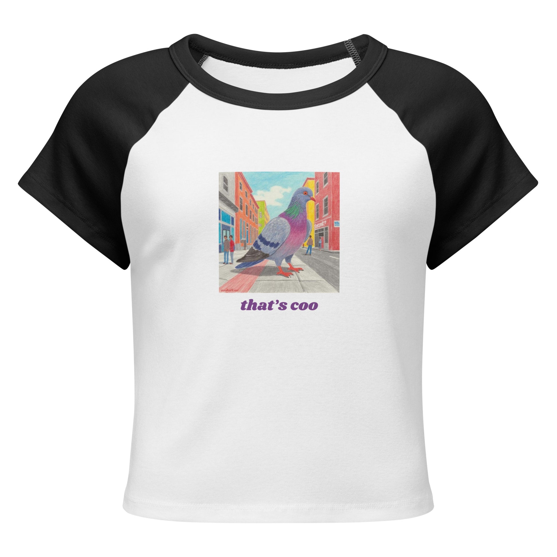 That's Coo pigeon graphic on a women's baby tee